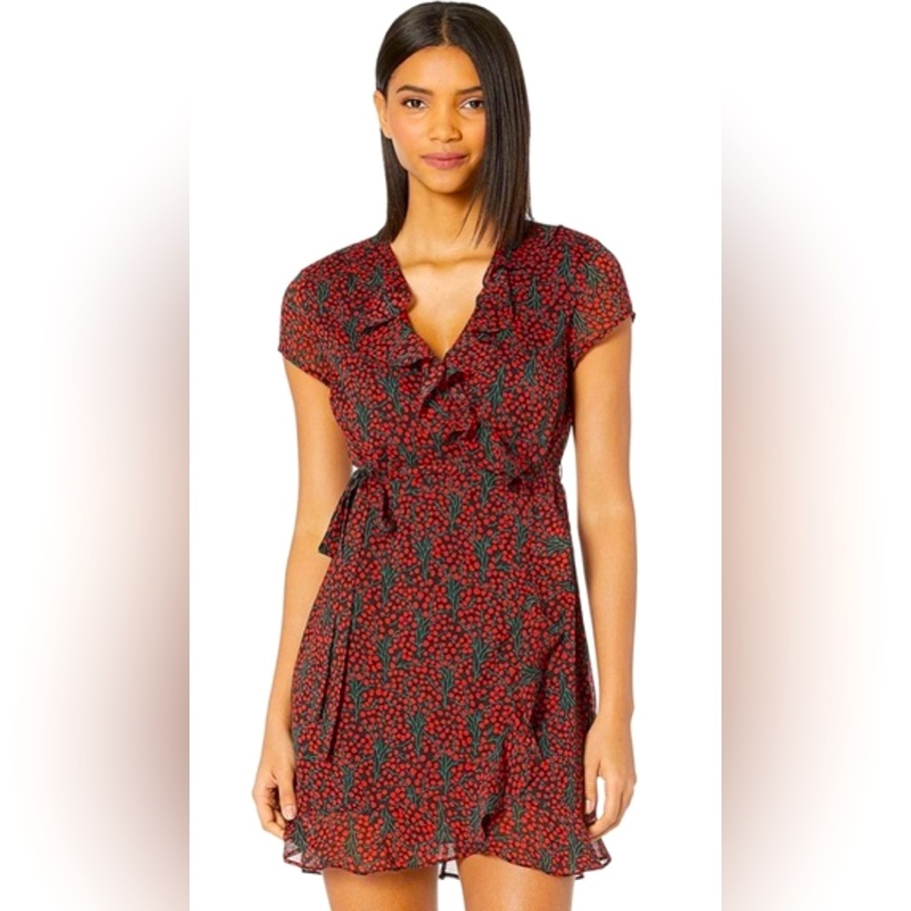 Bardot Short Sleeve Cherry Print Faux-Wrap Mini Dress